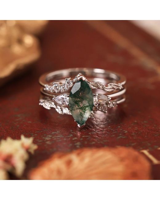 Azura Jewelry New York White Sonoran Sunrise Moss Agate Vermeil Ring Set