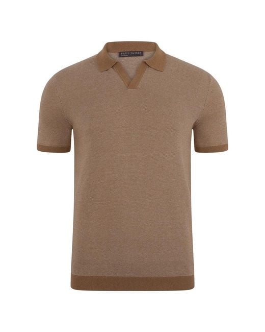 Paul James Knitwear Brown Mens Lightweight Cotton Giovanni Honeycomb Buttonless Polo Shirt for men