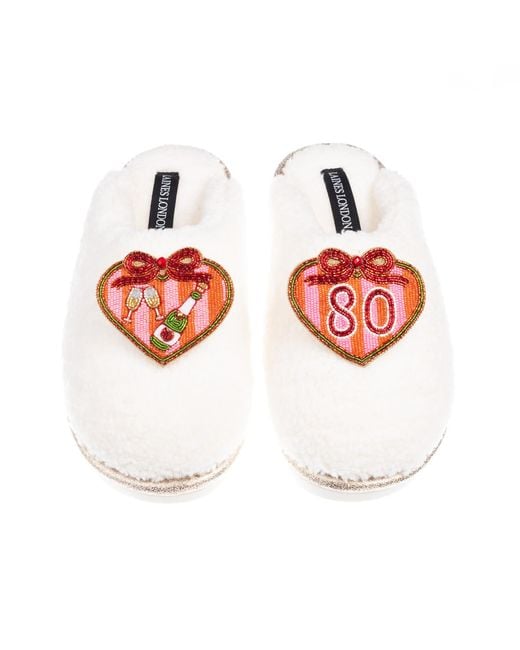 Laines London Red Neutrals Teddy Closed Toe Slippers With 80Th Stripe Heart Birthday Brooches