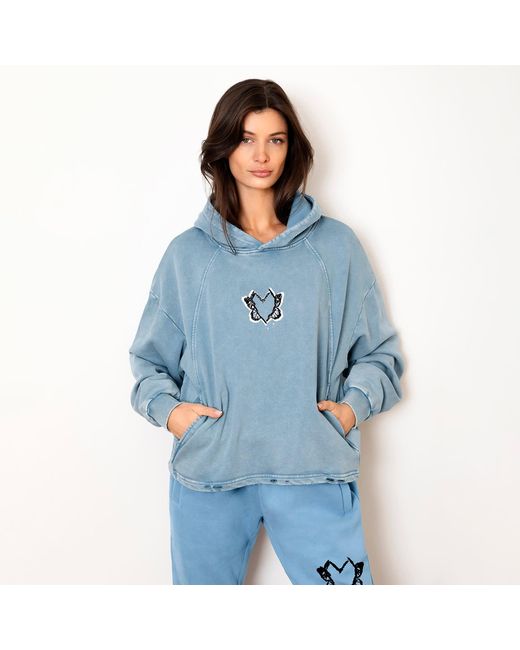 X Ilona Blue Blue Heart With Wings Mist Signature Streetware Distressed Hoodie