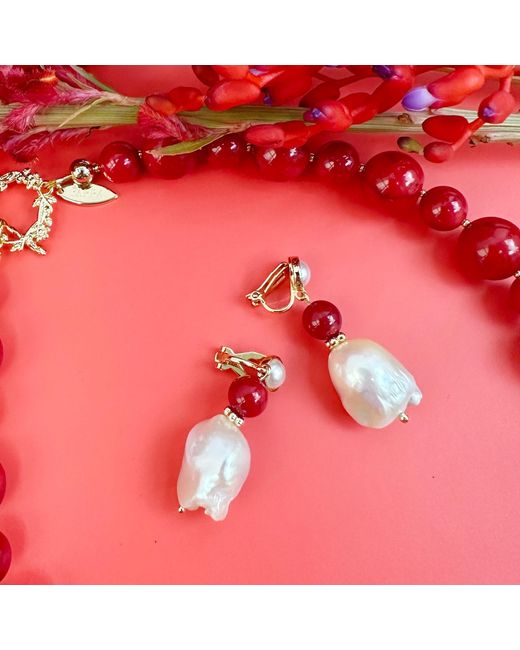 Farra Red Baroque Pearl With Coral Clip-On Earrings