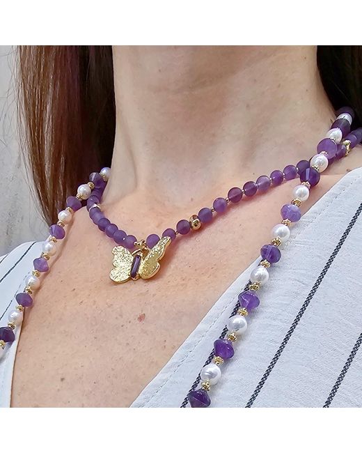 Farra Metallic Amethyst With Butterfly Pendant Necklace