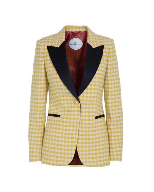 The Extreme Collection Single Breasted Yellow Plaid Cotton Blend Blazer With Velvet Flaps Fiona