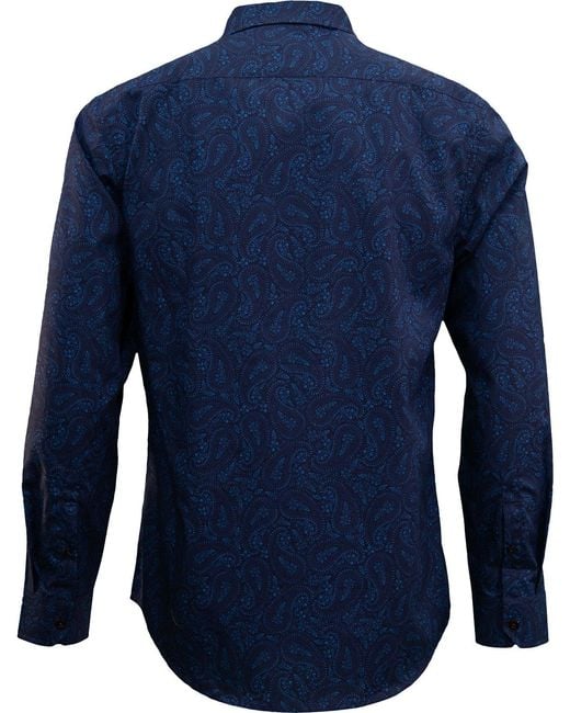 Lords of Harlech Blue Paisley Cotton Stretch Button-Down Shirt for men