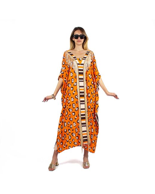 Lalipop Design Orange Leopard Print Viscose Kaftan With Fringe Details