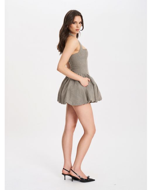 Miss Circle New York Gray Neutrals Dacia Plaid Halter Lace-Up Bubble Mini Dress