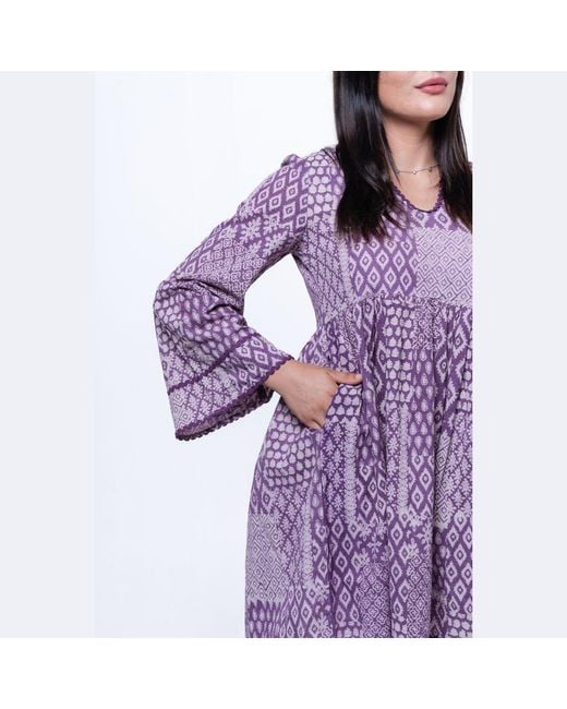 House of Gl Purple Liora Hand-Block Printed Cotton Bell Sleeve Mini Dress With Lace Detail