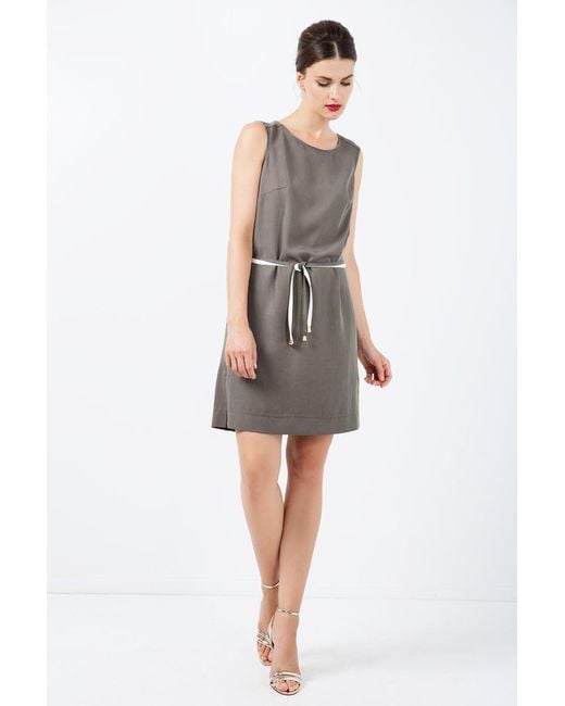 Conquista Gray Khaki Colour Straight Dress With Belt