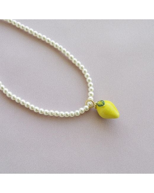 POPORCELAIN Metallic Mini Porcelain Lemon Swarovski Pearl Necklace