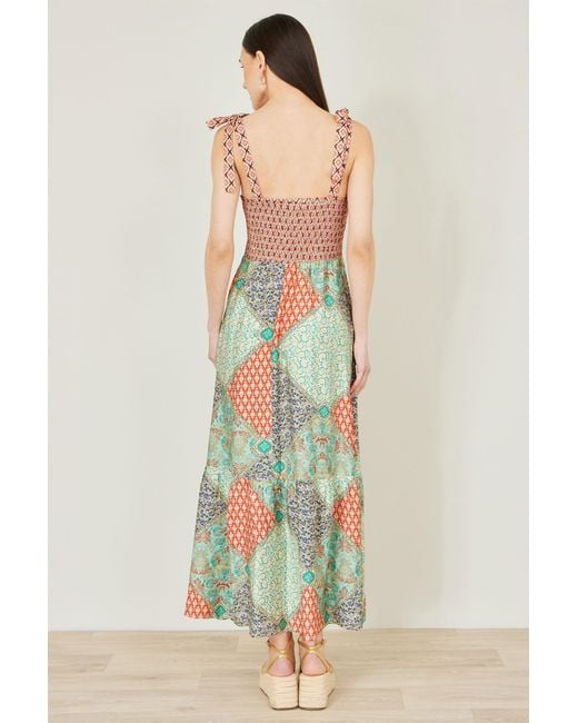 Yumi' Green Multicolour Patchwork Ruched Smocked Maxi Sundress