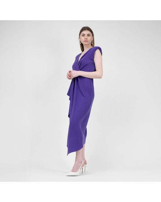 BLUZAT Midi Purple Dress With Draping Detailing And Pleats