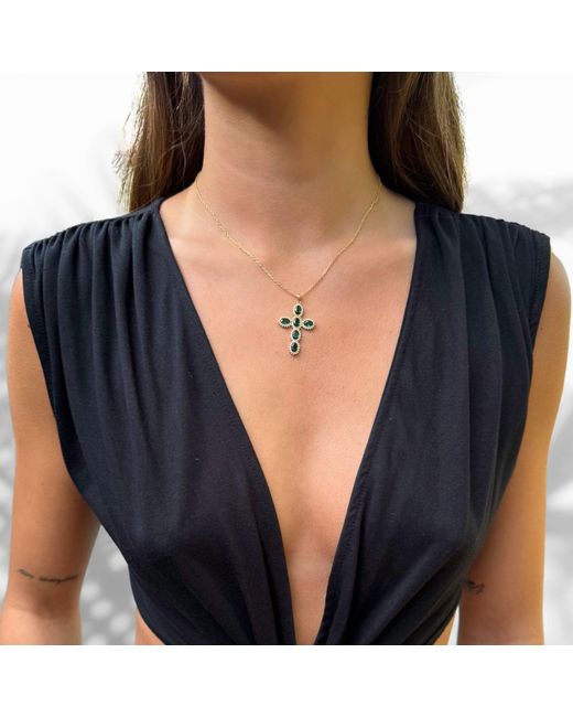 Ebru Jewelry Passion Diamond & Green Jade Stone Cross Pendant Necklace