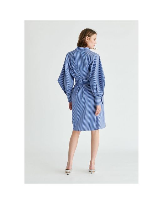 Paisie Blue Striped Volume Sleeve Shirt Dress With Matching Tie Belt