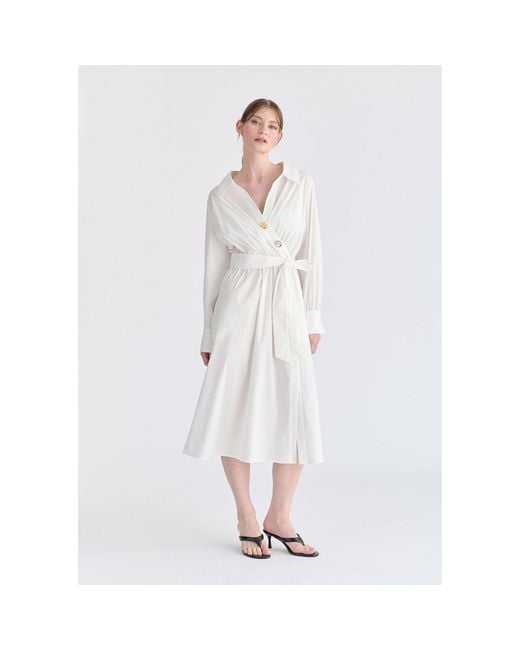 Paisie White Wrap Midi Shirt Dress With Metallic Button Details