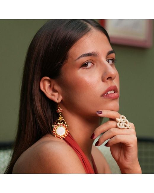 Ebru Jewelry Metallic Vintage Style Chunky & Floral Gemstone Dangle Earrings