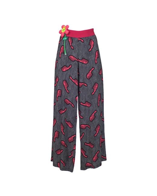 Lalipop Design Blue Playful Comb Print Viscose Wide-Leg Pants