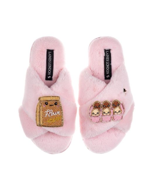 Laines London Pink Classic Slippers With Laines Lovables Eggs & Flour Brooches