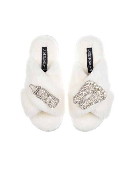 Laines London White Classic Laines Slippers With Pearl New Baby Brooches