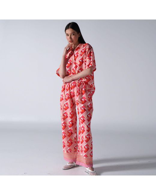 LOVEIST STORE Red Coral Geometric Linen-Feel Wide Leg Trousers