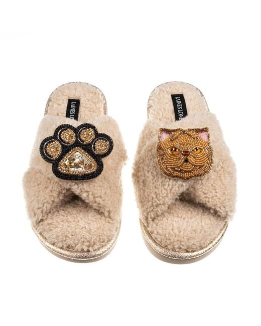 Laines London Metallic Neutrals Boucle Slippers With Paw & Ginger Persian Cat Brooches