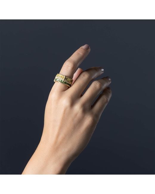 German Kabirski Metallic Tyra Handcrafted Plated Barrel Ring With Raw Sapphire And Chrome Diopside