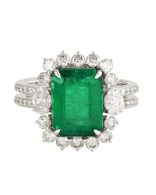 Artisan Green Natural Emerald Cut Emerald & Diamond In 18k White Gold Classic Cocktail Ring
