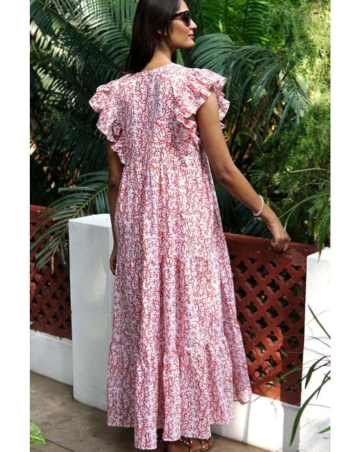 La Mandarine Pink Floral Summer Maxi Dress, Frilled Sleeve Cotton Summer Dress With Pockets, Coralie