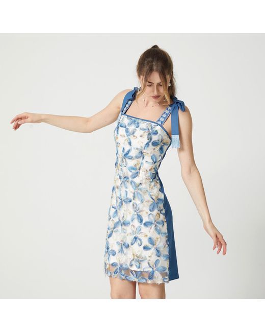Lalipop Design Blue Flower Applique Mini Dress With Tieable Straps