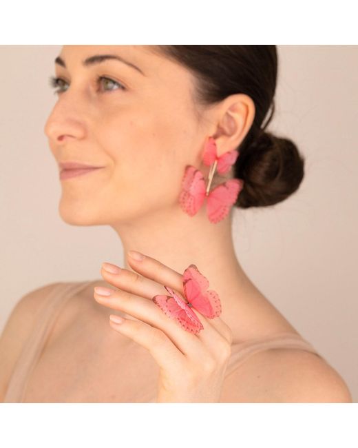 Oana Savu Pink Hot Summer Adjustable Silk Butterfly Ring Sterling Fairy Wings