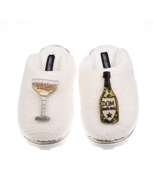 Laines London White Neutrals Teddy Closed Toe Slippers With Dom Darling Champagne Brooches