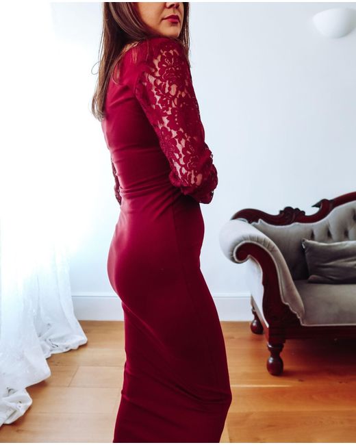 Sophie Cameron Davies Red Burgundy Lace Sleeve Jersey Midi Dress