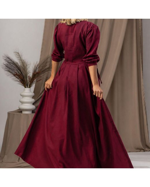 Nikka Place Red Long Linen Formal Dress With Bracelet Sleeves
