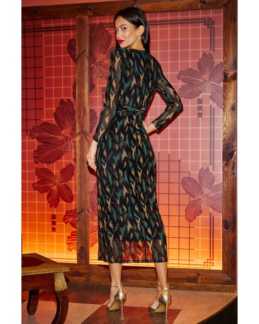 Yumi' Black Metallic Sparkle Mesh Wrap Midi Dress