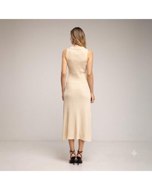 Tantra Spain Sl Natural Neutrals Long Sleeveless Pleated Knit Dress With Buttons, And Topstitching Detail
