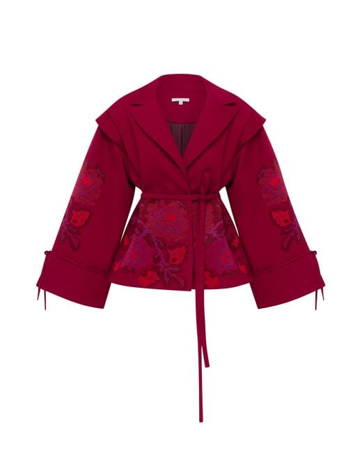 Annabo Crimson Pixel Rose Embroidered Wool Peplum Jacket