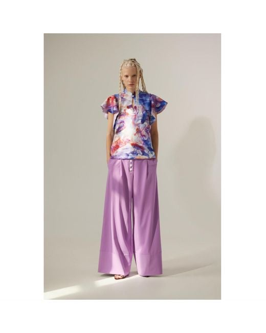 Julia Allert Blue Stand Collar Ruffle Sleeve Blouse – Fish Print