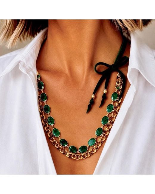 Persia Dona Jewelry Green Raw Emerald X Vintage Chain Necklace