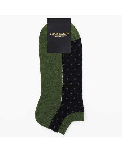 Peper Harow - Made in England Green Oxford Stripe Mustard & Polka Khaki Trainer Socks Bundle for men
