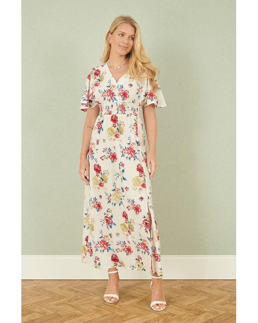 Yumi' Pink Floral Recycled Fabric Ruched Waist Midi Dress