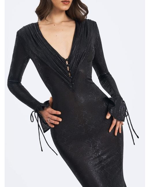 Miss Circle New York Black Ilysia V-Neck Plunge Snakeskin Mermaid Hem Maxi Dress