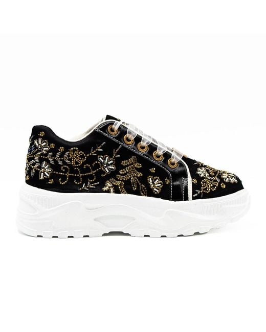 Rettrose Black Diana Luxury Satin Handmade Embellished Trainers
