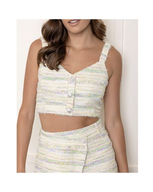 Riviera Soirée Blue Thea Button-Embellished Tweed Top
