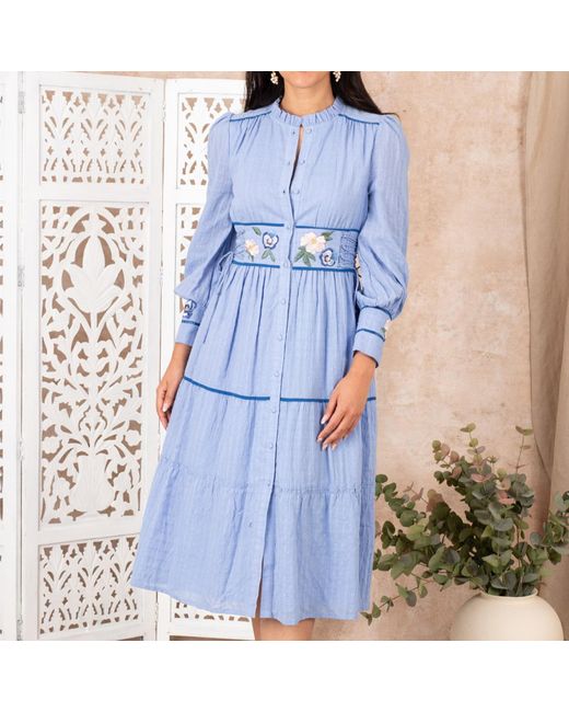 Hope & Ivy Blue The Melissa High Neck Front Button Embroidered Midi Dress