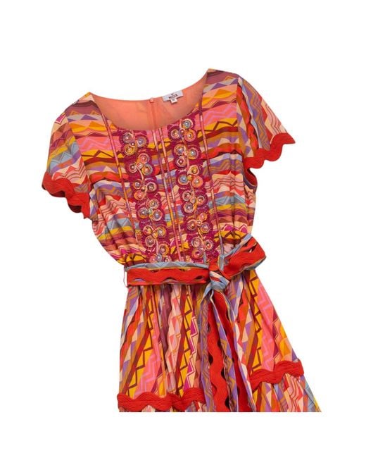Niza Red Midi Dress With Contrasting Print And Bow