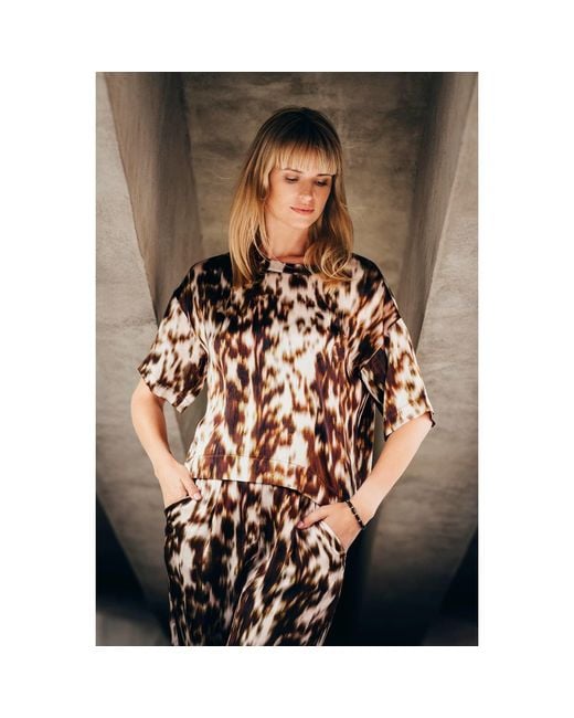 Oh!Zuza Brown Neutrals Echo Oversized Viscose Satin T-Shirt – Chocolate Print