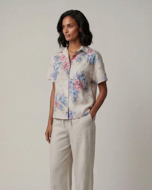 Lords of Harlech Gray Neutrals Lara Exotic Floral Natural Linen Printed Shirt