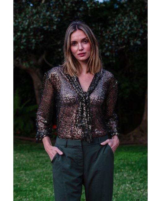 Jennafer Grace Green Haze Sequin Tie Front Blouse