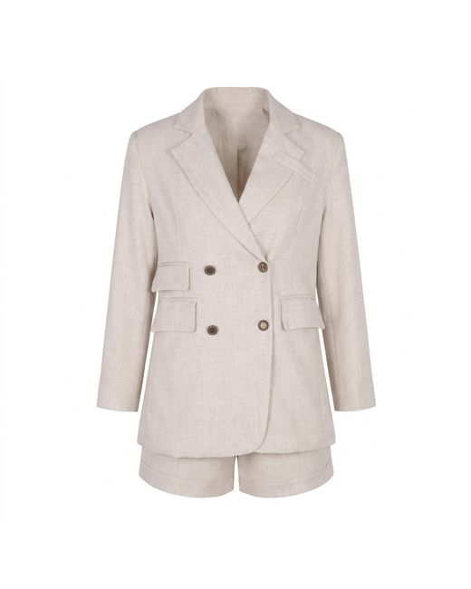 Modenaire Natural Neutrals Three Piece Linen Set With Blazer Vest And Tailored Shorts