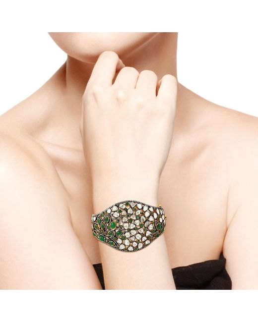 Artisan Green 18k Gold With 925 Silver In Bezel Set Rose Cut Diamond & Emerald Marquise Spinal Victorian Bangle