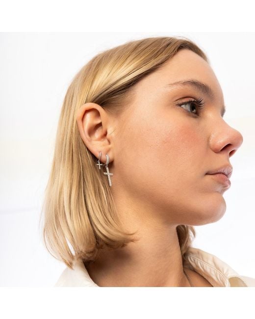 Spero London Metallic Full Pave Cross Sterling Drop Hoop Earring
